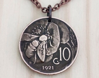 Bee pendant, Honey bee on flower coin pendant, Italy coin pendant - (1920-1937) Italian bee necklace