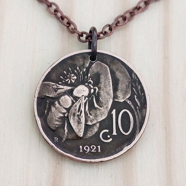 Bee pendant, Honey bee on flower coin pendant, Italy coin pendant - (1920-1937) Italian bee necklace