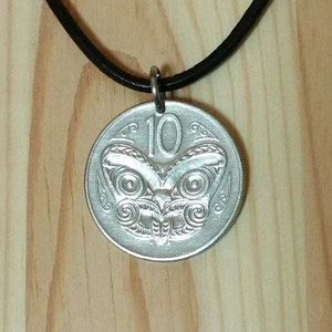 New Zealand Maori Mask Coin Necklace, year 1980 New Zealand 10 Cents Coin Pendant, Maori Koruru Mask Charm.