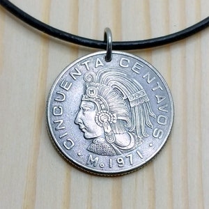 Mexico coin pendant necklace, Aztec Emperor Indian warrior Mexican coin charm necklace, 1965 Vintage 50 centavos coin jewelry