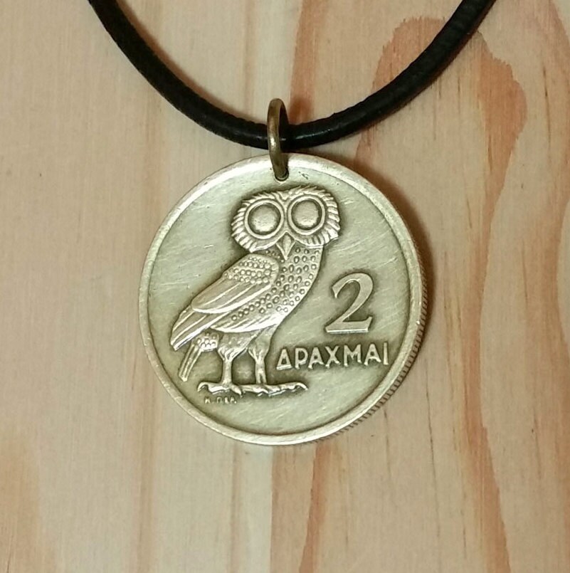 Owl Coin Necklace Pendant charm, Greece 2 Drachma Athena Owl Phoenix Coin Pendant, Animal bird coin 