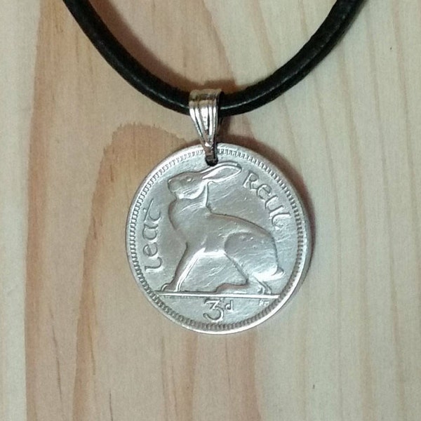 Ireland Rabbit Coin pendant necklace, Irish 3 Pence hare rabbit pendant, Gaelic harp rabbit bunny hare cute animal Irish coin pendant
