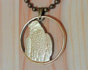 Falcon Hand Cut coin Pendant Necklace Charm, Handcut fiji Peregrine Falcon, Hand Cut Birds Bird Animal coin