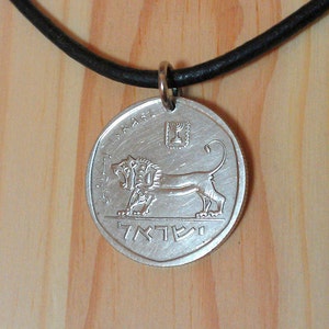 Israeli Lion Coin Pendant necklace charm, half Sheqel Vintage Israel Lion coin necklace, Israel coin pendant, Animal Coin jewelry