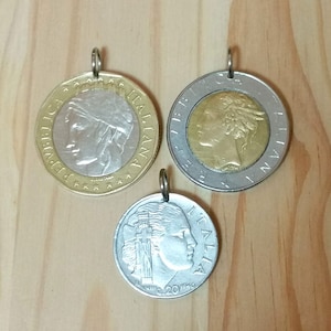 Italy Coin Necklace, 1000 Lire, 500 Lire, 20 centimes, Italy coin pendant, Italian female lady coin necklace, three beautiful Italian coins.