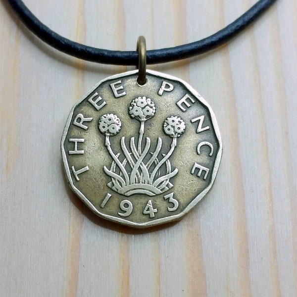 Thrift Flower Coin Pendant Necklace, English British coin charm, 1943 England Three Pence Coin Jewelry, Threepence UK Coin Necklace Pendant
