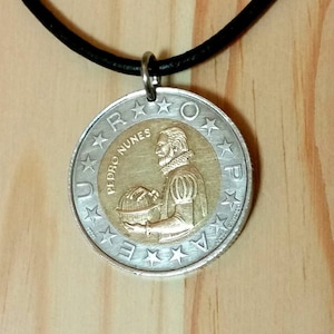Portugal Coin Necklace, 100 Escudos Portugal Coin Pendant, 1990 Portuguese Pedro Nunes coin charm Pendant Necklace.