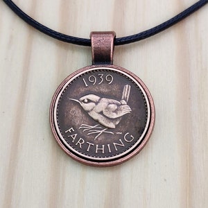 Munthanger vogel, bedel winterkoninkje, ketting met penningvogel, Britse George VI-muntkoninkje kettinghanger.
