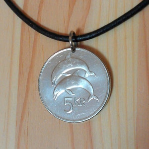 Dolphin Coin Necklace Pendant, year 2005 Iceland Dolphin Necklace, 5 kronur Two Dolphins coin, Fish Coin, Animal Coin