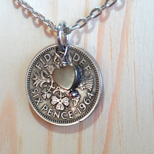 Sixpence necklace coin pendant with heart shaped natural gray hematite stone. Lucky sixpence charm wedding coin.