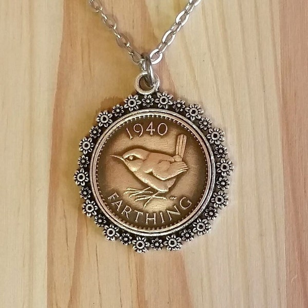 Farthing Bird Necklace, UK Farthing Bird Coin Charm Pendant, British George VI Farthing Wren Coin Necklace Pendant.