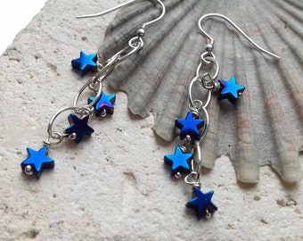 Blue Hematite, Sterling Silver, Star, Waterfall Earrings