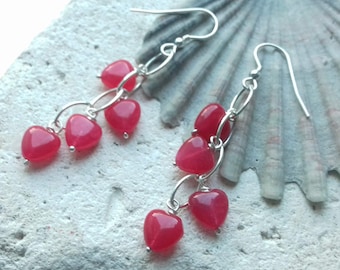 Berry Pink Quartzite, Hearts, Sterling Silver, Waterfall, Hook Earrings