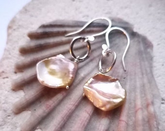 Cornflake Baroque Pearl, Recycled Sliver, Open Circle, Dangle Earrings