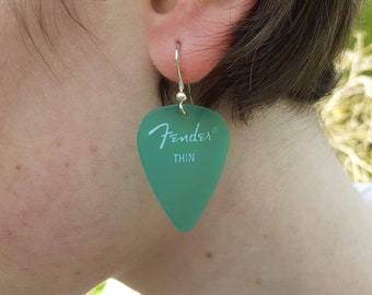 Green, Recycled, Guitar Pick, Sterling Silver, Hook, Earrings, Music Gift