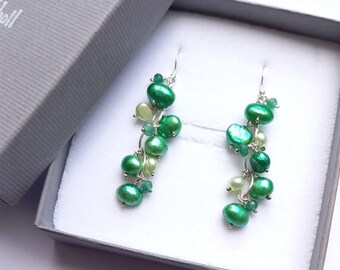 Bright Green, Freshwater Pearl, Emerald, Gemstone, Statement, Dangle Earrings