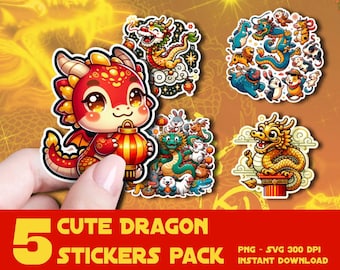 Cute Dragon Stickers | Funny Dragon Clipart Bundle (SVG, PNG)