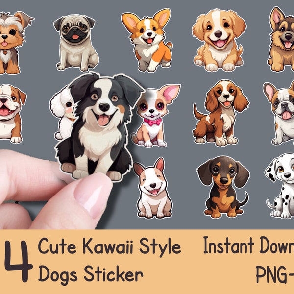 34 autocollants mignons de chien kawaii heureux | Stickers chiens mignons | Stickers chien imprimables | Clipart numérique chien | Race de chien SVG | 300 ppp