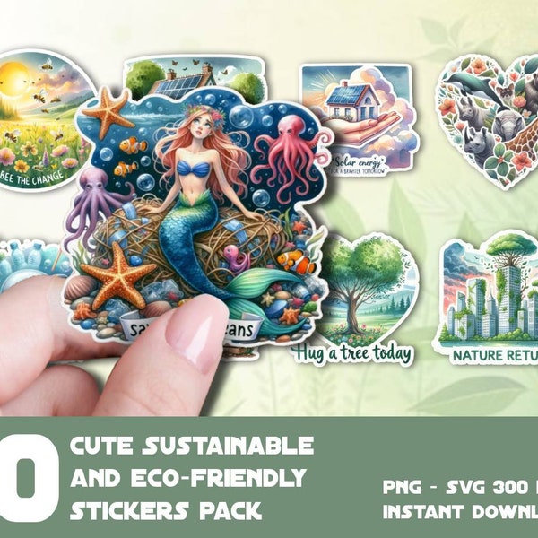 10 Unique Eco-friendly Stickers | Sustainable Decals SVG | Nature Stickers | Enviromental Decals | Digital Eco Stickers | 300 dpi