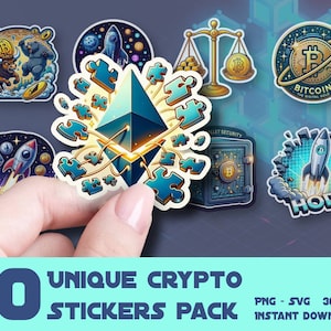 Puede incluir: Un conjunto de 10 pegatinas de criptomonedas únicas con varios diseños, que incluyen una nave espacial, una balanza, una caja fuerte, un rompecabezas y un logotipo de bitcoin. Las pegatinas son coloridas y tienen un estilo de dibujos animados. PNG - SVG 300 DPI DESCARGA INSTANTÁNEA.