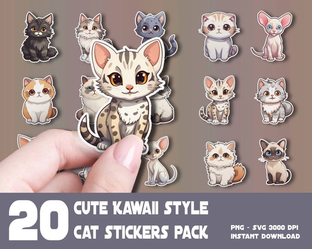 Cute Kawaii Cat Stickers, PNG SVG Clipart Bundle (digital Download) - Etsy