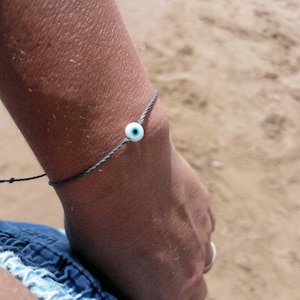 Evil eye bracelet, Greek mati bracelet, Minimalist bracelet, Ultra skinny bracelet, Lucky charm bracelet, Gray string bracelet, Amulet