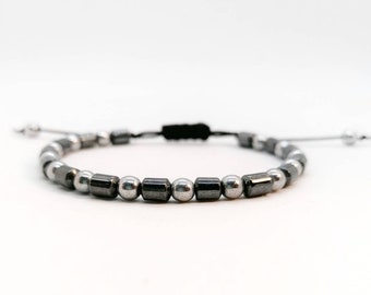 Mens bracelet, Couples bracelet, Hematite bracelet, Black tubes and silver beads hematite bracelet, Adjustable bracelet, Unisex bracelet