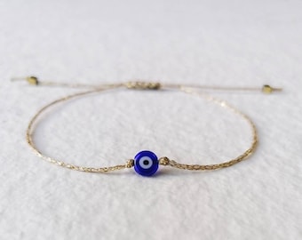 Gouden koord boze oog armband, blauwe boze oog hematiet armband, amulet, bescherming armband, minimalistische armband, kleine elegante gouden armband