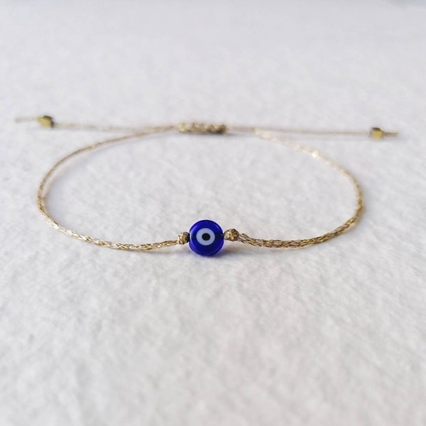 Gold string evil eye bracelet, Blue evil eye hematite bracelet, Amulet, Protection bracelet, Minimalist bracelet, Tiny elegant gold bracelet