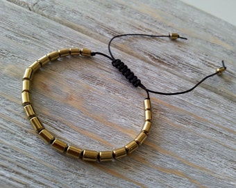 Gold hematite tubes bracelet with macrame sliding knot for adjustable size, Gold bracelet, Hematite bracelet, Stackable bracelet