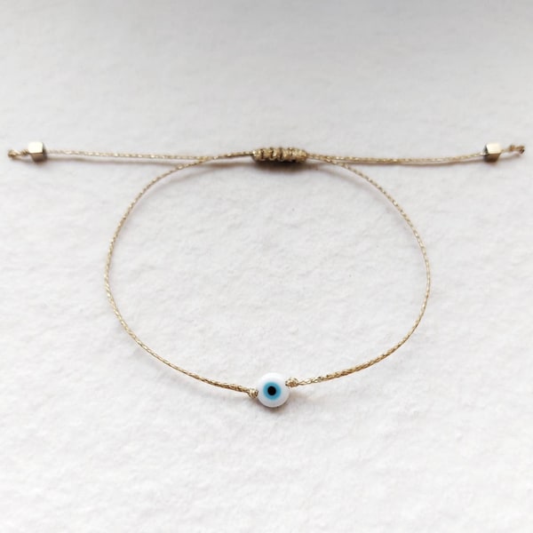 Gold string evil eye bracelet, White evil eye bracelet, Minimalist jewelry, Tiny eye bracelet, Stackable mati bracelet, Dainty evil eye