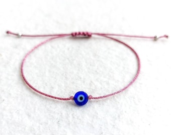Evil eye bracelet with pink metallic string, Sparkly evil eye bracelet, Thin pink bracelet, Minimalist girly bracelet, Womens mati bracelet