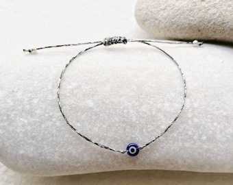 Evil eye bracelet,  Blue evil eye bracelet with silver string, Greek evil eye bracelet, Dainty evil eye bracelet