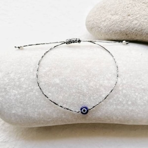 Evil eye bracelet,  Blue evil eye bracelet with silver string, Greek evil eye bracelet, Dainty evil eye bracelet
