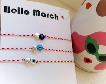 Martis bracelet, Spring bracelet, Star bracelet, Evil eye bracelet, Heart bracelet, Red and white bracelet, March bracelet, Μάρτης, Μαρτάκι