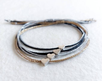 Heart bracelet, Silver heart bracelet, Love bracelet, Minimalist bracelet, Wish bracelet, Dainty bracelet, Waxed string tiny bracelet