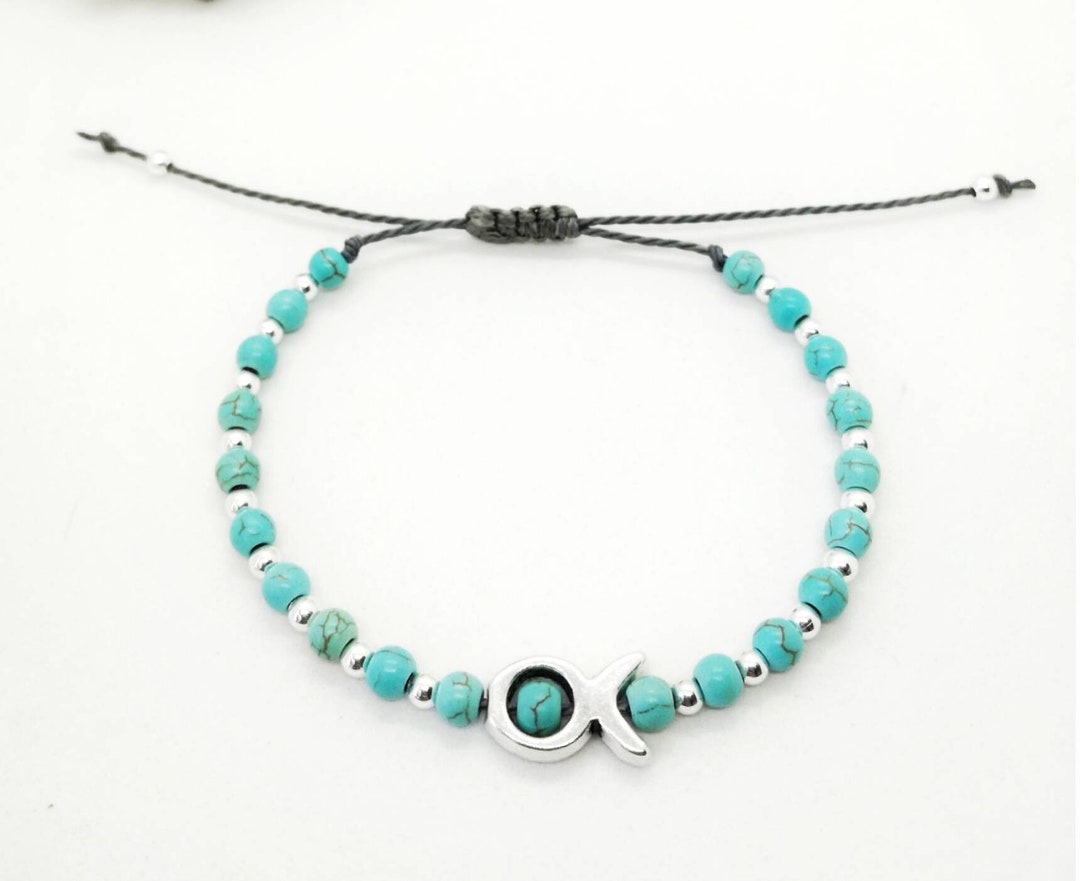 Fish Charm Bracelet, Turquoise Beads Bracelet, Silver Beads Bracelet