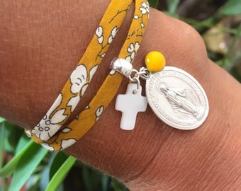 Women's bracelet in liberty mustard capel and silver miraculous medal