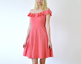 GINGER | Off Shoulder Skater Dress in Coral Pink.  Vintage Style 1940s 1950s Summer Dress. Pink Ruffle Neck Dress. Size Medium