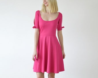 NANETTE | Women's Scoop Neck Skater Dress in Hot Pink. Cold Shoulder Dress. 1940s Vintage Style Dress. Pink Summer Dress. Size Medium