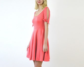 NANETTE | Coral Pink Summer Dress. Scoop Neck Skater Dress. Cold Shoulder Dress. 1940s 1950s Vintage Midi Dress. Size Medium