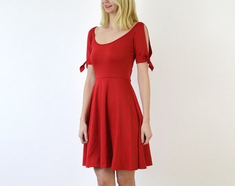 NANETTE | Red Summer Dress.  Vintage Style 1940s 1950s Midi Dress. Scoop Neck Skater Dress. Cold Shoulder Dress. Size Medium
