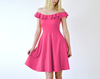 GINGER | Off Shoulder Ruffle Dress in Hot Pink. Pink Summer Skater Dress. Vintage Style 1940s 1950s Dress. Pink Skater Dress. Size Large
