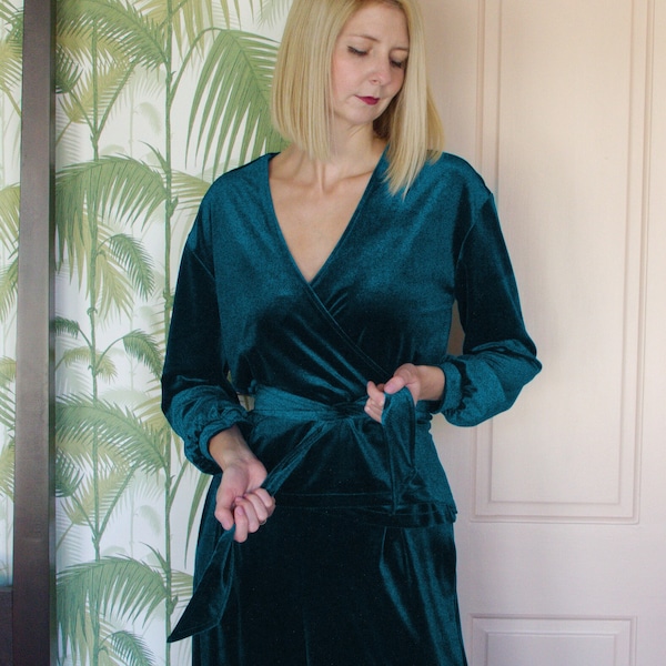 MYRNA | Teal Blue Velvet Wrap Top with Waist Ties. Long Sleeve Velvet Party Top. Velvet Blouse. Women's Velvet Shirt. Velvet Loungewear Top