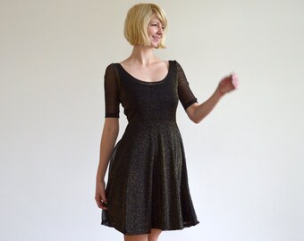 SALE Bella Shimmering Metallic Sheer Party Skater Scoop Dress in Gold. Womens Wrap Back Sparkle Party Christmas Dress in Metallic Gold