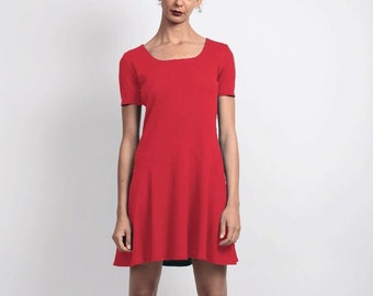 SALE Tallulah Dropped Waist Shift Dress with Flared Skirt. Minimalist Jersey Day Dress with Zig Zag Detail. Simple Scoop Neck T-Shirt Dress