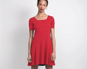 SALE Tallulah Dropped Waist Shift Dress with Flared Skirt. Minimalist Jersey Day Dress with Zig Zag Detail. Simple Scoop Neck T-Shirt Dress