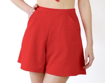 RED CULOTTES | Vintage Style Culottes. High Waisted Culottes with Pockets. Red High Waisted Shorts. Flared Shorts. Red Skort. Size Large