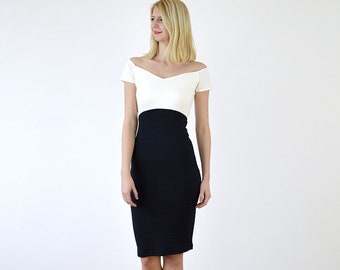 SALE Bardot Off Shoulder Bodycon Tube Dress with Cut Out Detail. Midi Length Fitted Stretch Party dress in Monochrome Black & White
