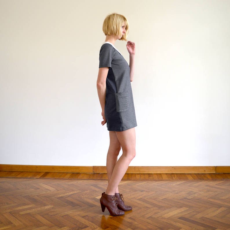 Mix Fabric 60s Collared Black Mini Dress with Pockets. SALE Dolly Two-Tone Sixties Short Sleeve Shift Dress Spotty Collar in BlackGrey